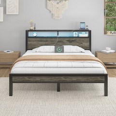 Queen/Full/King Bed Fame with Wooden Storage Headboard and Charging Station
