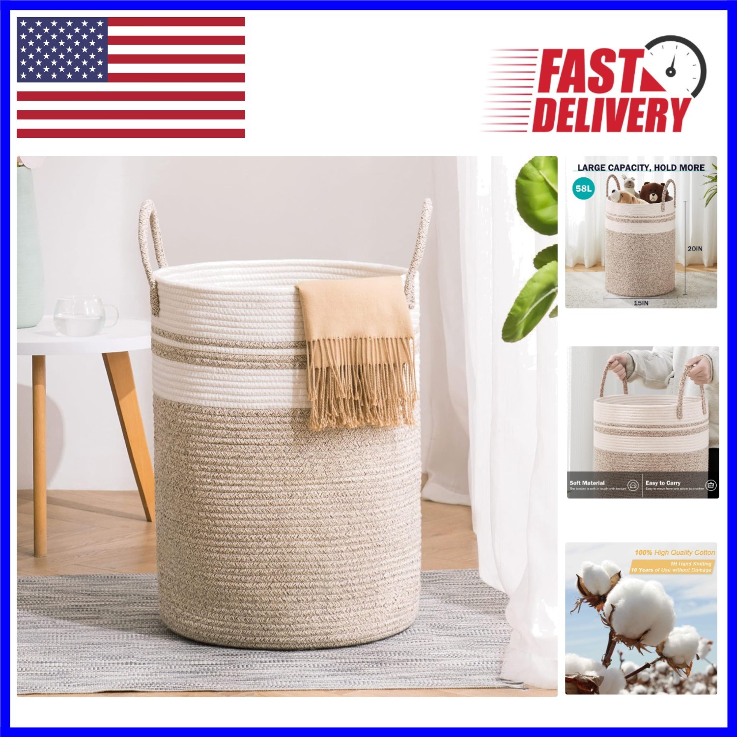 Stylish 58L Cotton Laundry Hamper - Portable Checkered Basket for All Rooms gallery