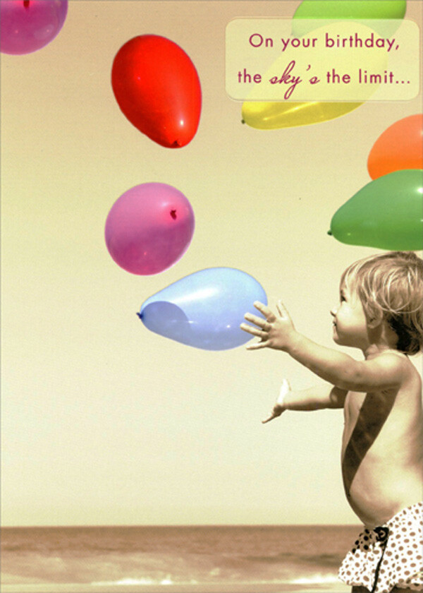 Child Watching Colorful Floating Balloons at Beach Birthday Card gallery