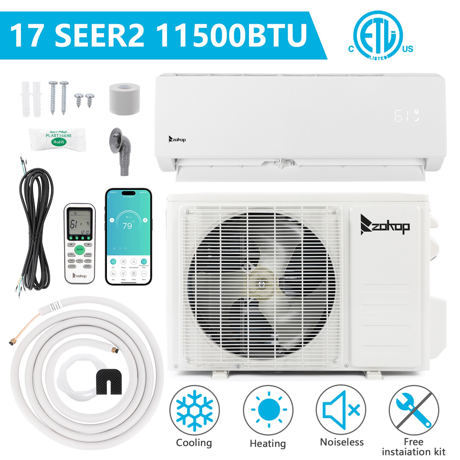 11500 BTU AC Ductless Mini Split Air Conditioner with Heat Pump, Remote, Wifi gallery