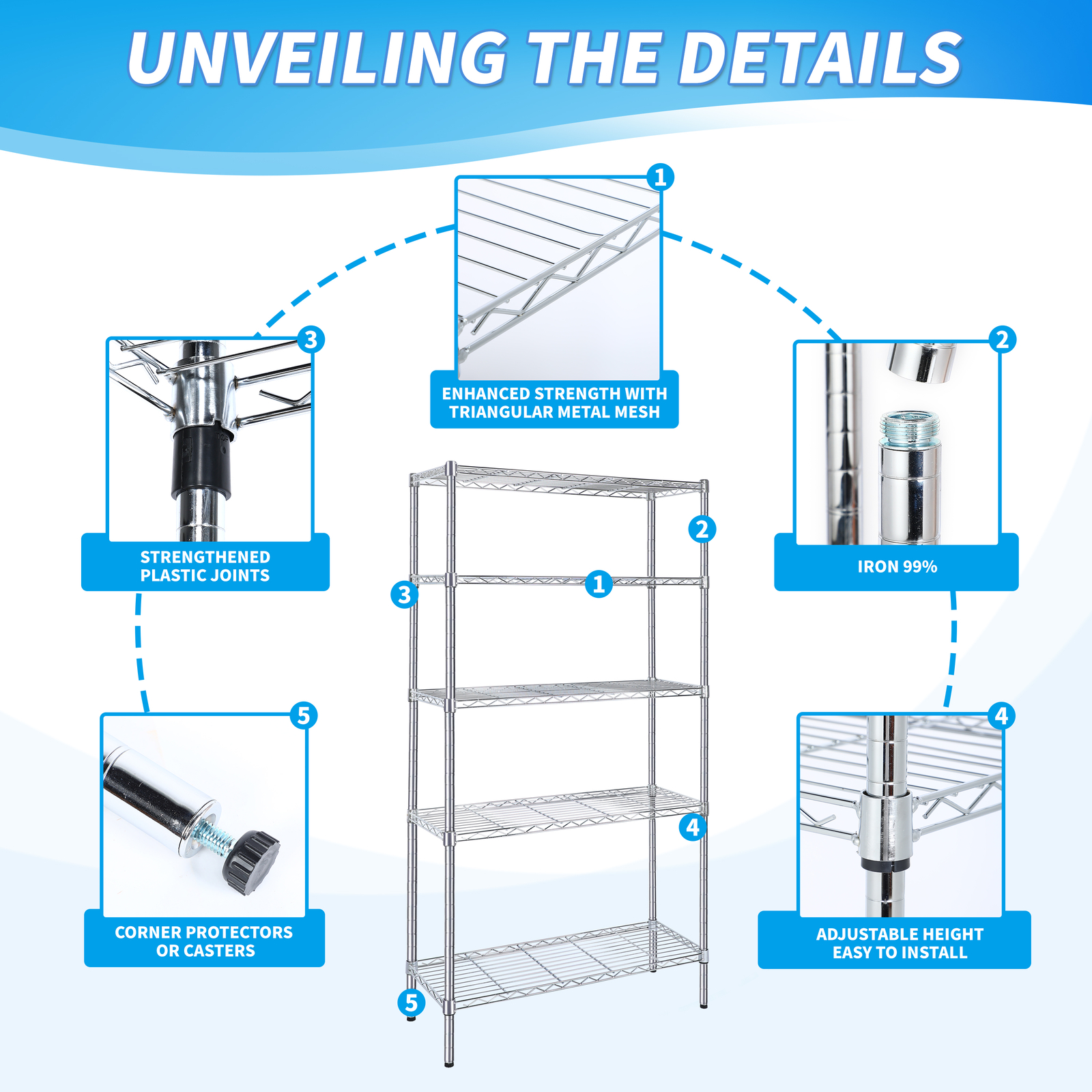5-Tier Storage Shelves Wire Metal Shelving Unit 1250 Lbs Loading Capacity Chrome gallery