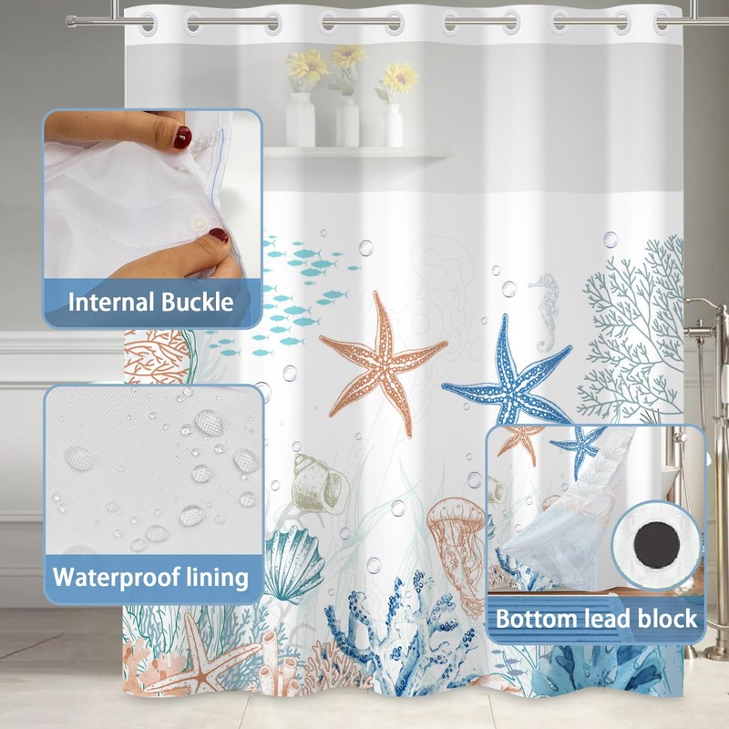 Hookless Ocean Shower Curtain with Snap in Liner Set - 71 x 71Inches Waterpro... gallery