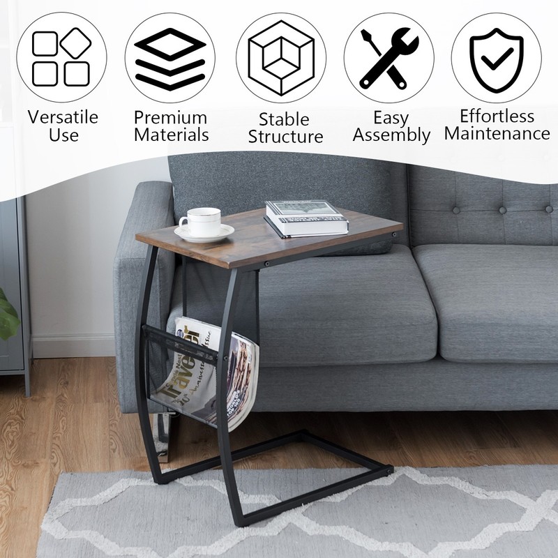 C-shaped End Side Sofa Table Vintage Accent Snack Laptop Tablet w/ Side Pocket gallery
