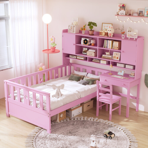 Multifunctional Wood Platform Bed Frames with Desk and Chair Storage Bookshelves gallery