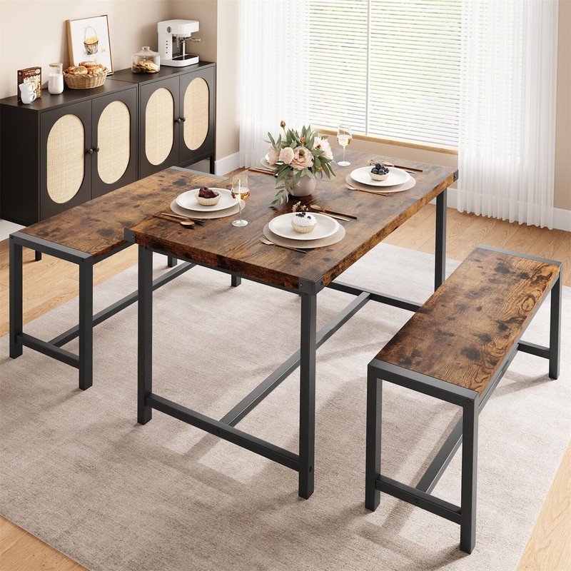 Dining Table Set for 4 Kitchen Table with 2 Metal Wood Benches for Apartment gallery