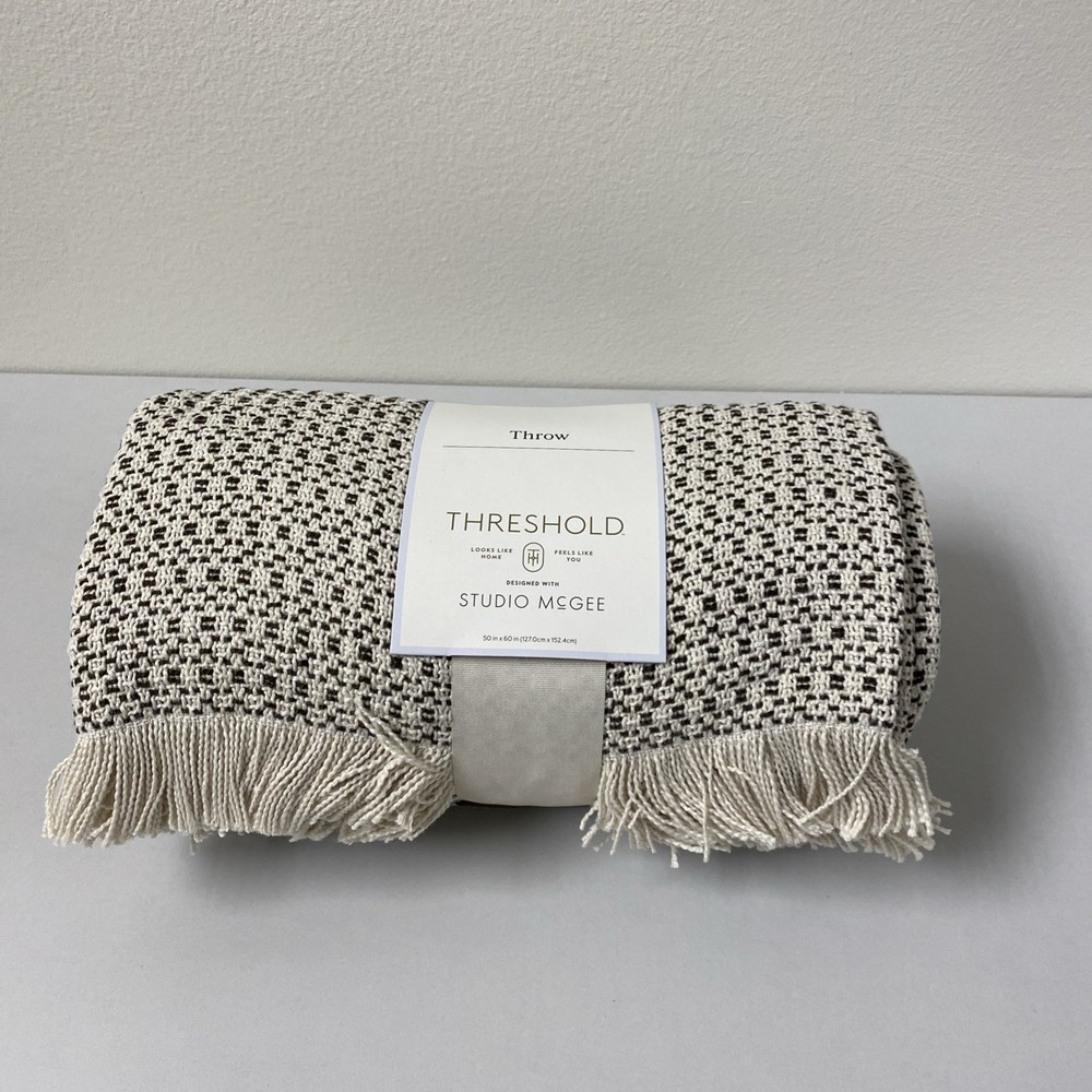 Threshold Studio McGee Woven Textural Fringe Throw Blanket Cream-Brown New