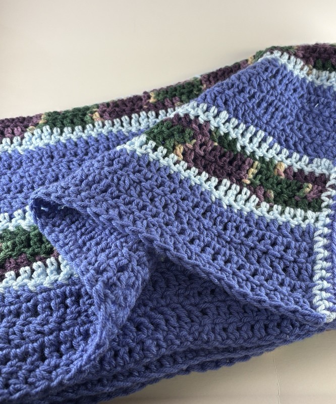 Handmade Crocheted Afghan Throw Lap Blanket Purple & Multi Stripe 48” x 41” NEW gallery