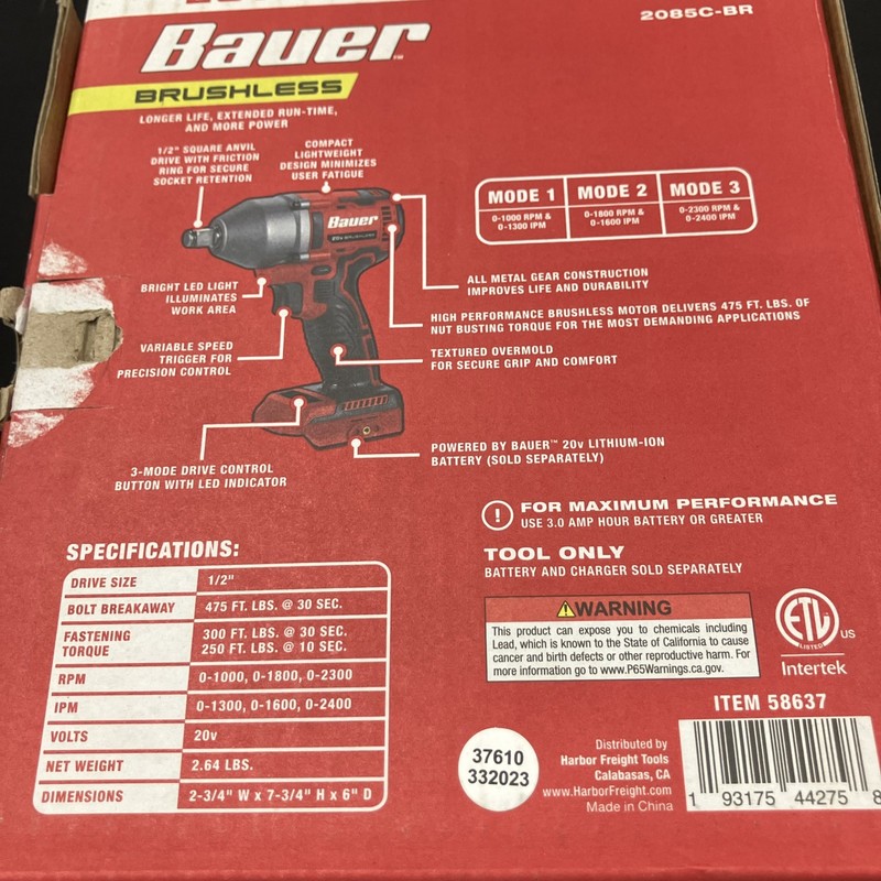 Bauer 20V Brushless Hypermax Compact 1/2 Impact Wrench, 3 Modes & 475lbs Torque! gallery
