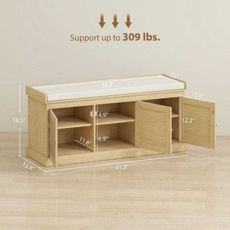 HOMCOM Shoe Bench with Rattan Doors, Cushion, Entryway Shoe Storage, Oak gallery