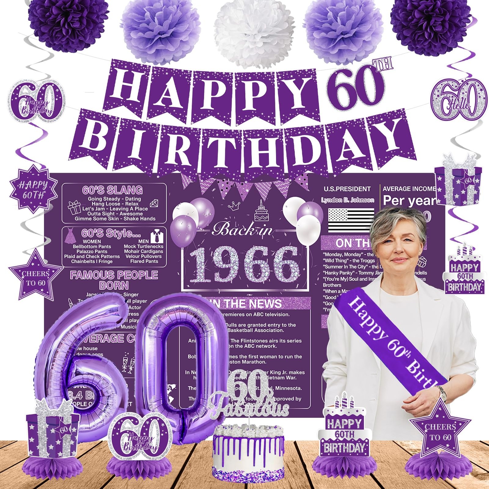Purple 60Th Birthday Decorations for Women - Back in 1966 Backdrop, Banner, Swir gallery