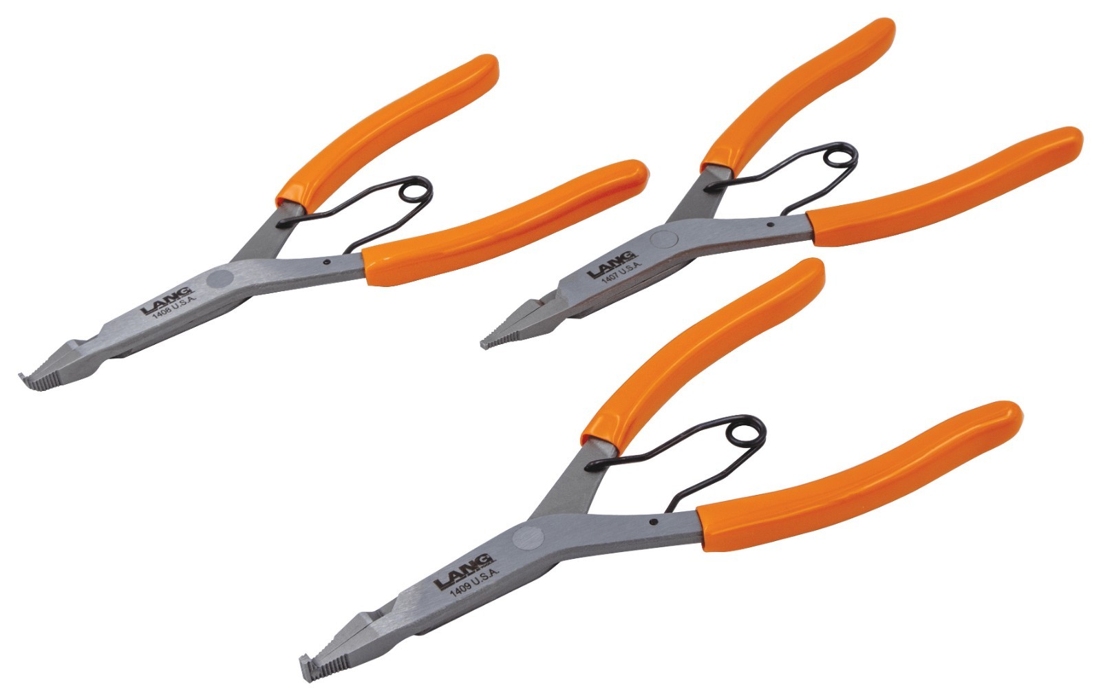Lang 3pc Lock Ring Plier Set 9" Straight, Right, Angle Thin Bent Curved 1406 USA gallery