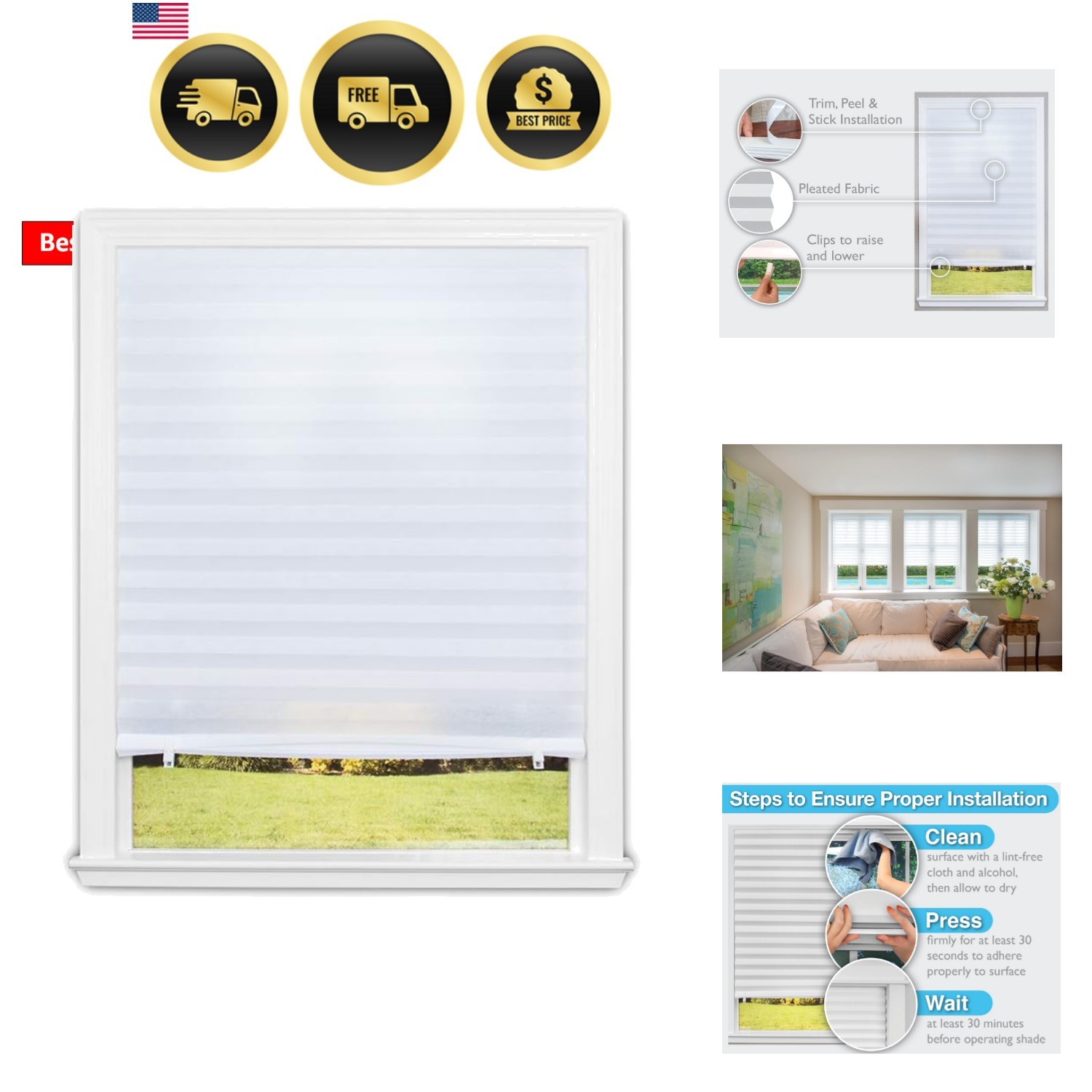 No Tools Light Filtering Pleated Fabric Shade White, 48" W x 72" L, 2 Pack gallery