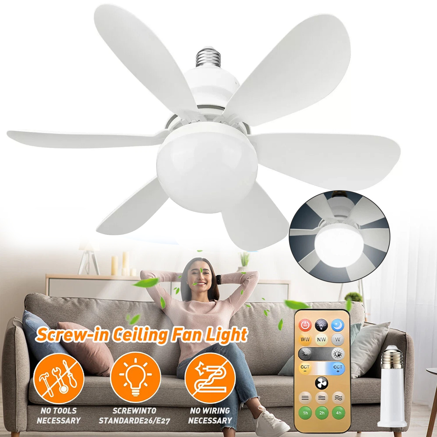 2-in-1 E27 Socket Fan Light with Remote Screw in Ceiling Fans LED Light Bulb Fan gallery