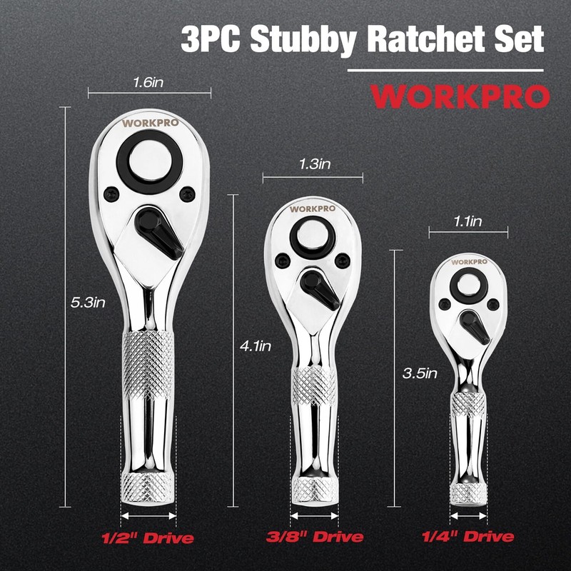 WORKPRO 3PC Stubby Ratchet Set Quick Release 1/4" 3/8" 1/2" Drive Ratchet Handle gallery
