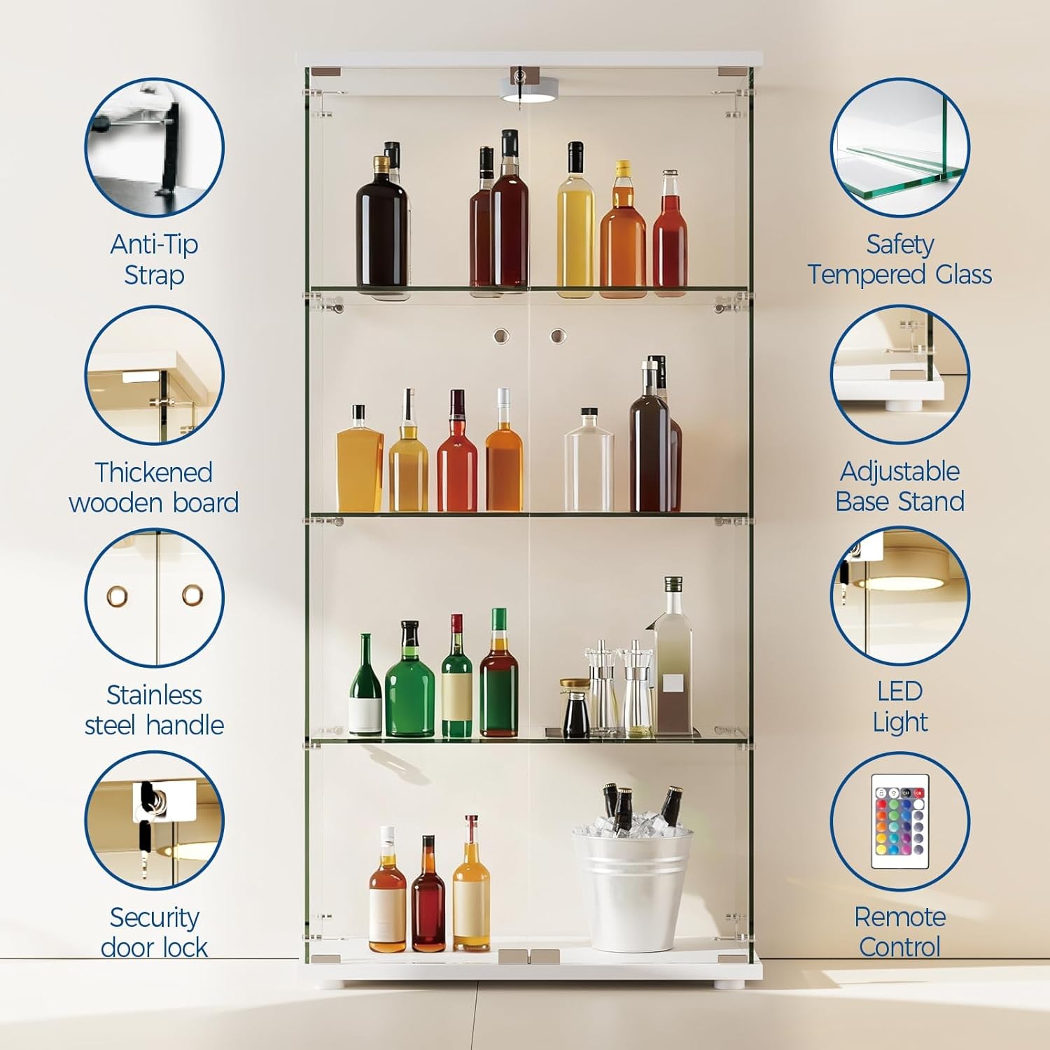4 Shelves Display Cabinet, Tempered Glass Curio Showcase with LED Light & Lock gallery
