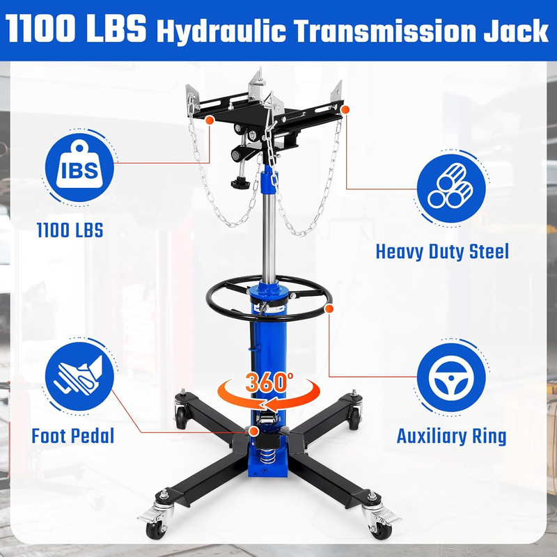 Transmission Jack, 1100 LBS, 1/2 T Capacity, 2 Stage Adjustable Hydraulic Telesc gallery