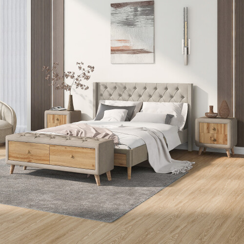 Full Queen Size Bedroom Sets Upholstered Platform Bed Frames Nightstands Bench gallery