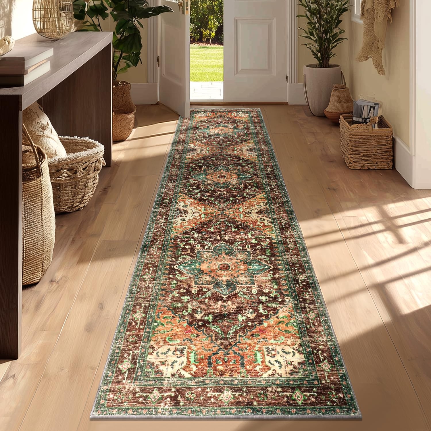 Yamaziot Washable Runner Rug, 2x8 Non-Slip Boho 2' x 8', Rust/Dull Teal gallery