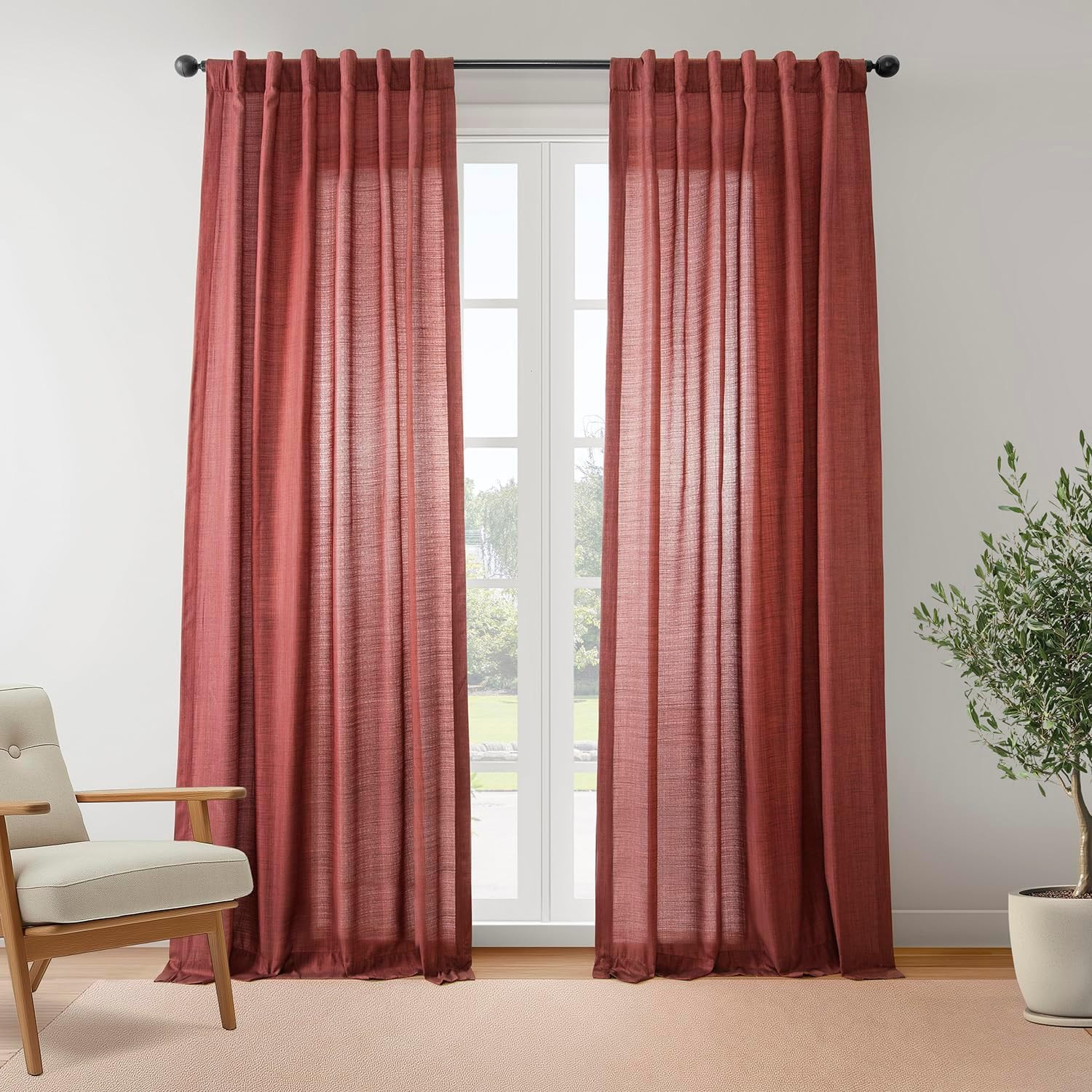 Rustic Red Linen Weave Light Filtering Curtains 96" Long - 2 Panels gallery