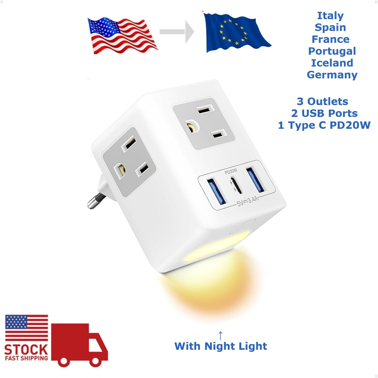 European Plug Adapter Travel Power Plug with 3 Outlets 2 USB 1 C to Spain Italy gallery