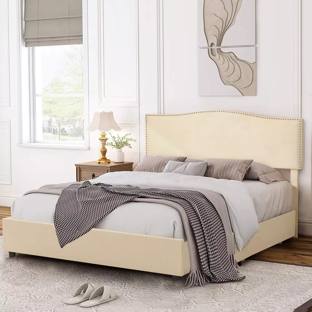 Full Queen Size Upholstered Bed Frame with Adjustable Headboard and 4 Drawers gallery