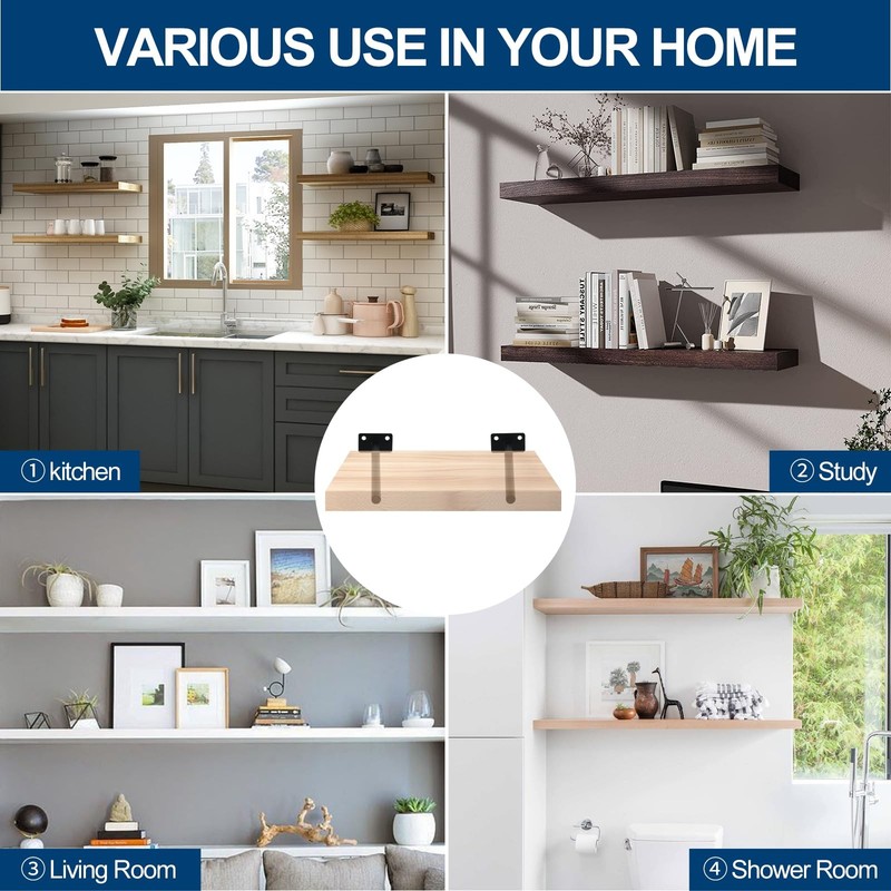8 Pcs 6" Black Solid Steel Floating Shelf Bracket Blind Shelf Supports - Hidd... gallery