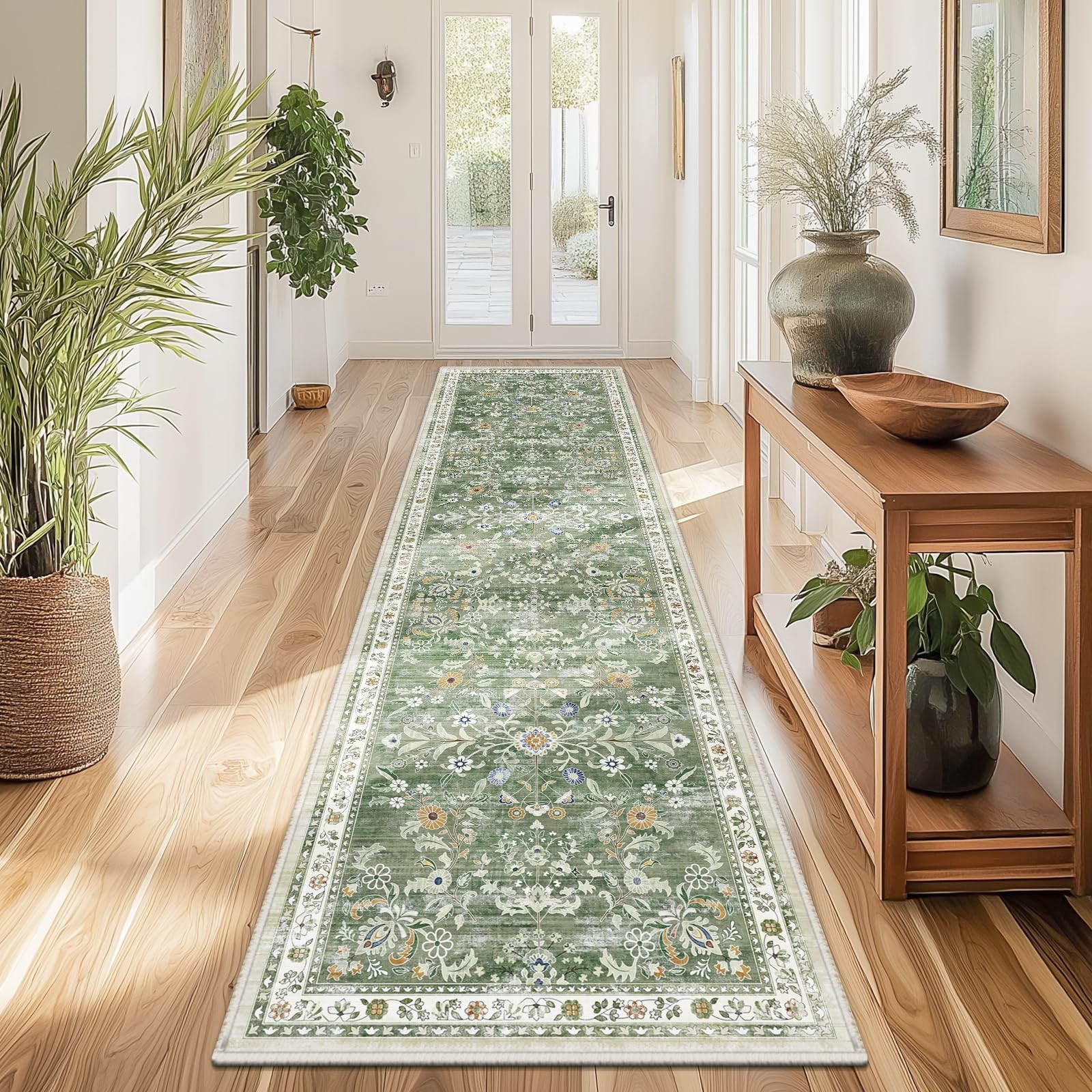 Yamaziot Washable Runner Rug 2x8 – Non Slip Boho Floral 2' x 8', Green gallery