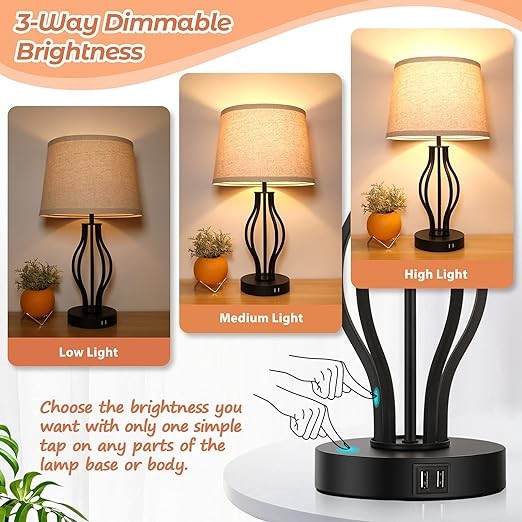 BesLowe Set of 2 Touch Control 3-Way Dimmable Lamps 22in Modern T0353 - Black gallery