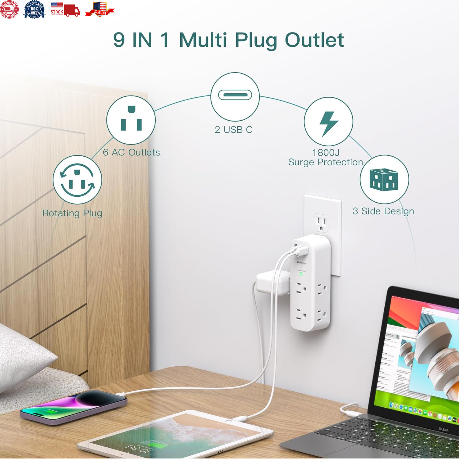 Multiple Plug Outlet Extender, 6 Wall Outlets and 3 USB Ports (2 USB C), Multi O gallery