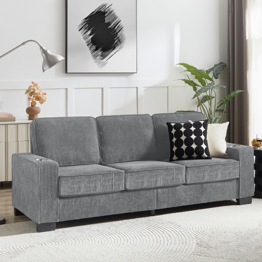 Corduroy Fabric sofa Modern Compressed Couch,3-Seater Sofa for Living Room Gray gallery