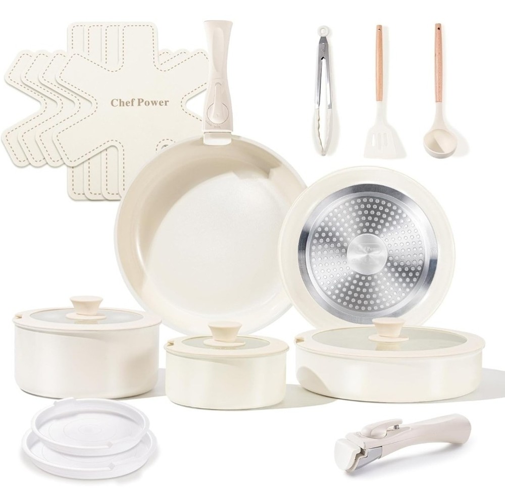 Chef Power Ceramic Cookware Set with Detachable Handles, Nonstick - Non Toxic