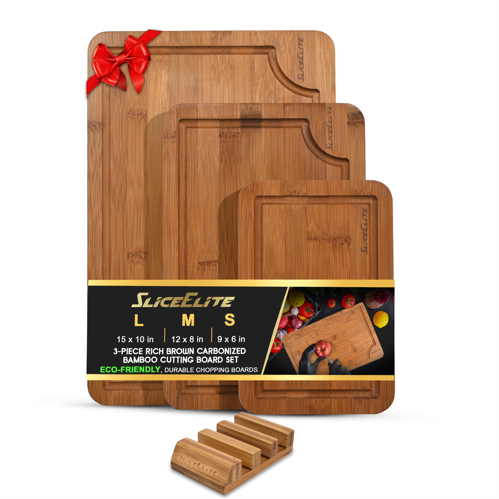SliceElite Rich Brown Carbonized Bamboo Cutting Board Set 3 Piece with Stand gallery