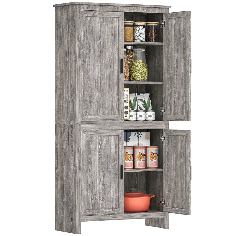 64" 4-Door Kitchen Freestanding Storage Pantry Cabinet w/ 5-tier Shelves, Gray gallery