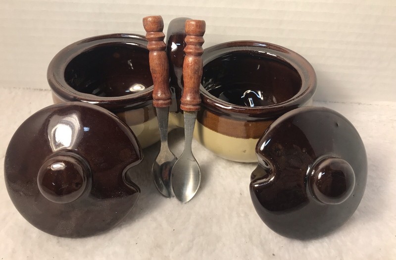 Vtg Double Bowl Stoneware Condiment Server With Lids And Spoons gallery