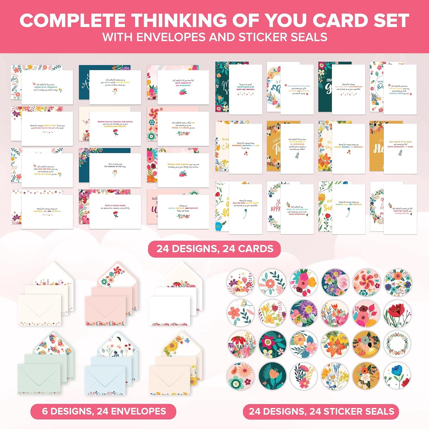 Decorably 24 Pack 6x4in Floral Assorted Thinking of You Cards with Envelopes and gallery
