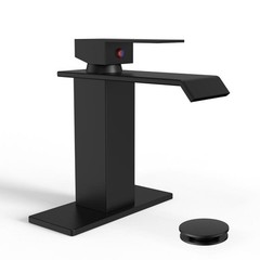BWE Waterfall Single Hole Low-Arc Bathroom Faucet w/ Pop-up Drain, Matte Black