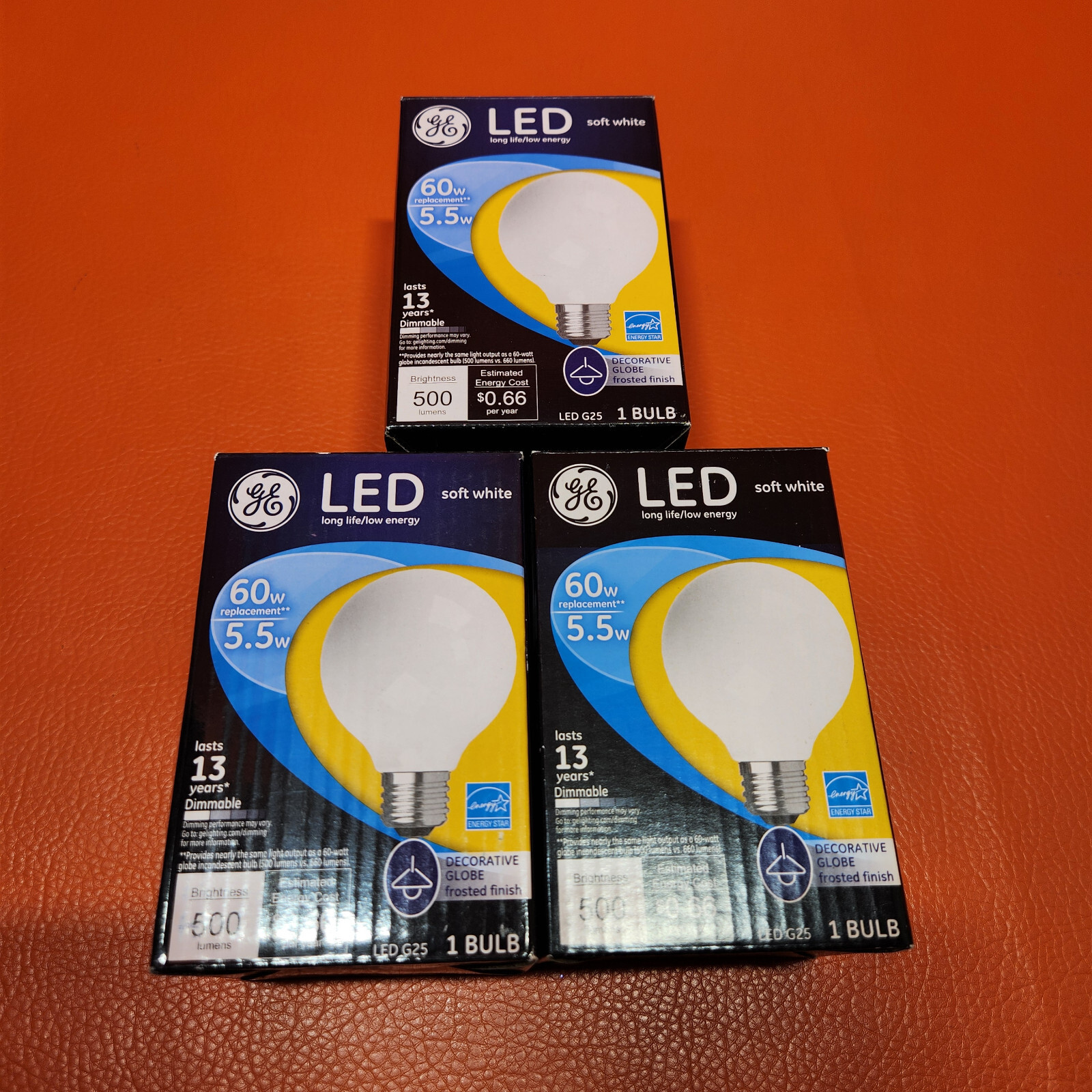 GE LED Frosted Decorative Globe 60W Soft White Dimmable Uses 5.5W Lot of 3 Bulbs gallery