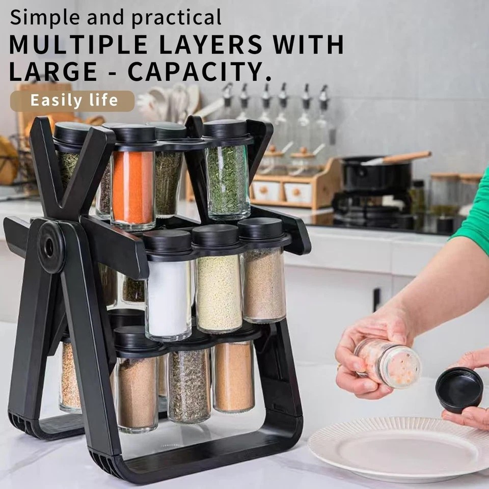 Multifunctional Rotating Spice Rack With 18 Glass Jars Revolving Bottle Organize