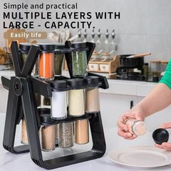 Multifunctional Rotating Spice Rack With 18 Glass Jars Revolving Bottle Organize
