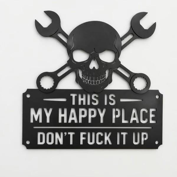 Edgy Skull & Wrenches Metal Wall Sign | This is My Happy Place Don't Ruin It gallery