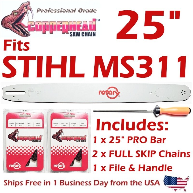 COPPERHEAD 25" Bar, 2 FULL SKIP PRO Chains & File fits STIHL MS310 / MS311 Saws gallery