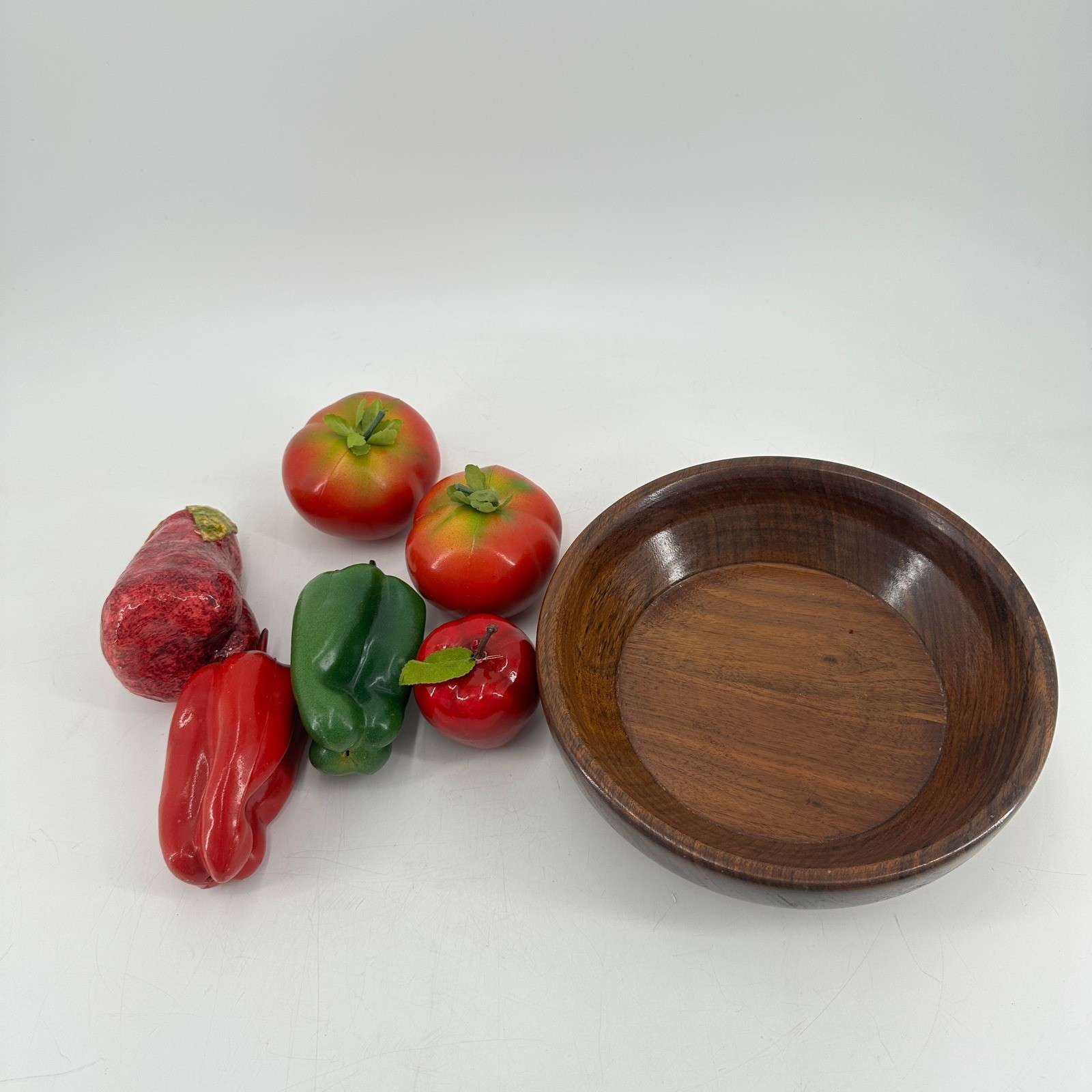 Vintage Faux Fruit and Vegetable Set with Dark Wood Bowl Centerpiece Decor gallery