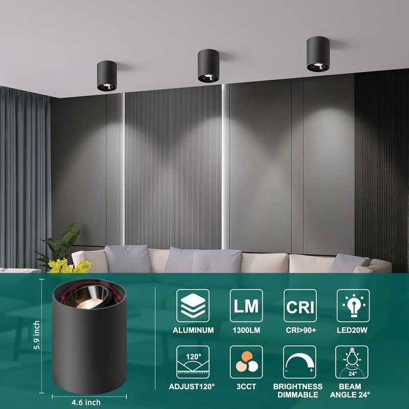Modern LED Ceiling Light 3-Pack Black Dimmable 20W 1300LM 3000K–6000K Flush Moun gallery