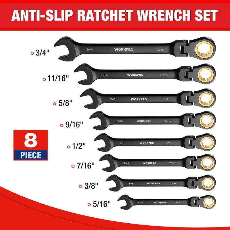 WORKPRO 8PC Flex Head Ratcheting Wrench Set SAE 5/16-3/4" Anti-slip Set 72-Teeth gallery