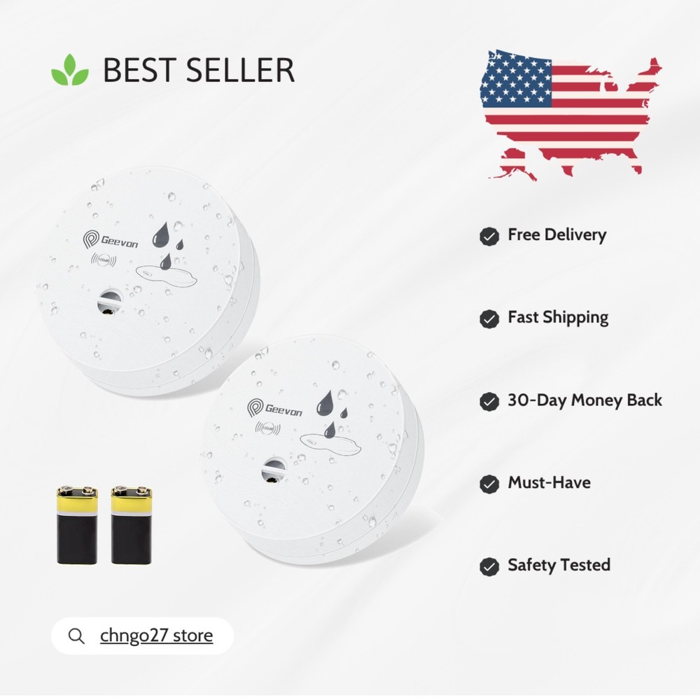 Battery-Powered 2 Pack Water Sensor Detectors – 100dB Alerts for Leak Prevention