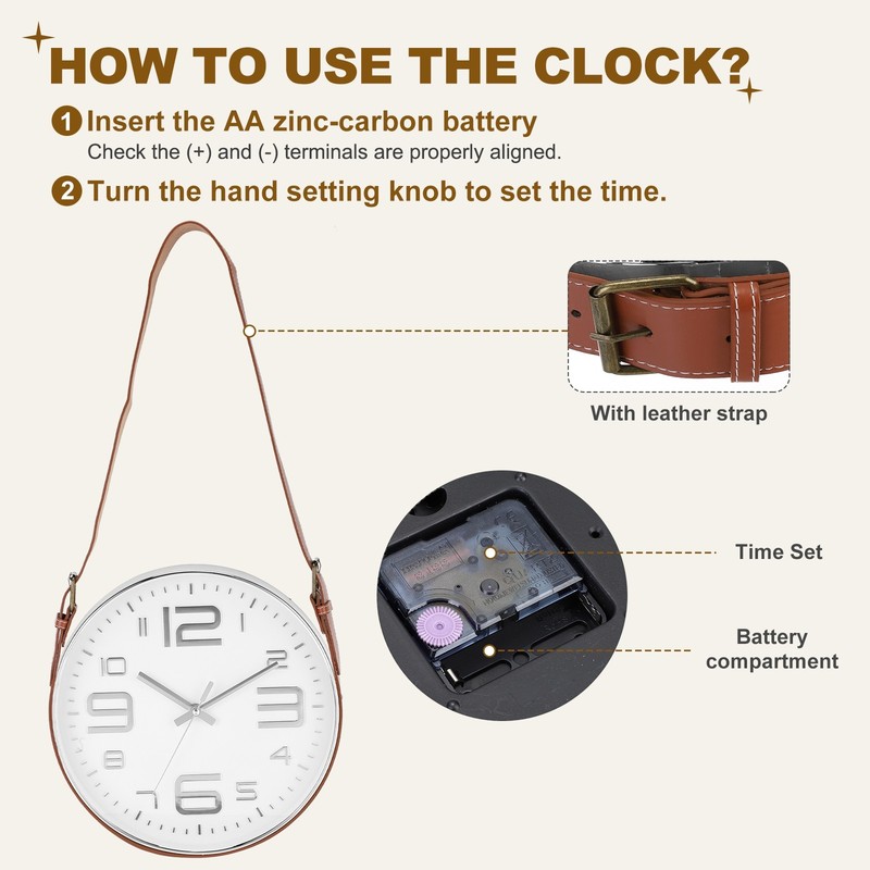 Industrial Wall Clock with Leather Strap 12" Large Numerals Style Silver/Brown gallery