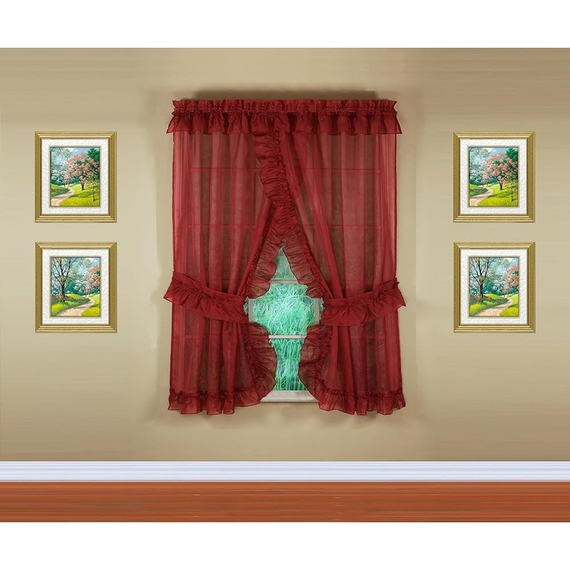 Premium Voile Sheer Ruffled Curtain Set W/ Tiebacks Valance Window Treatment New gallery