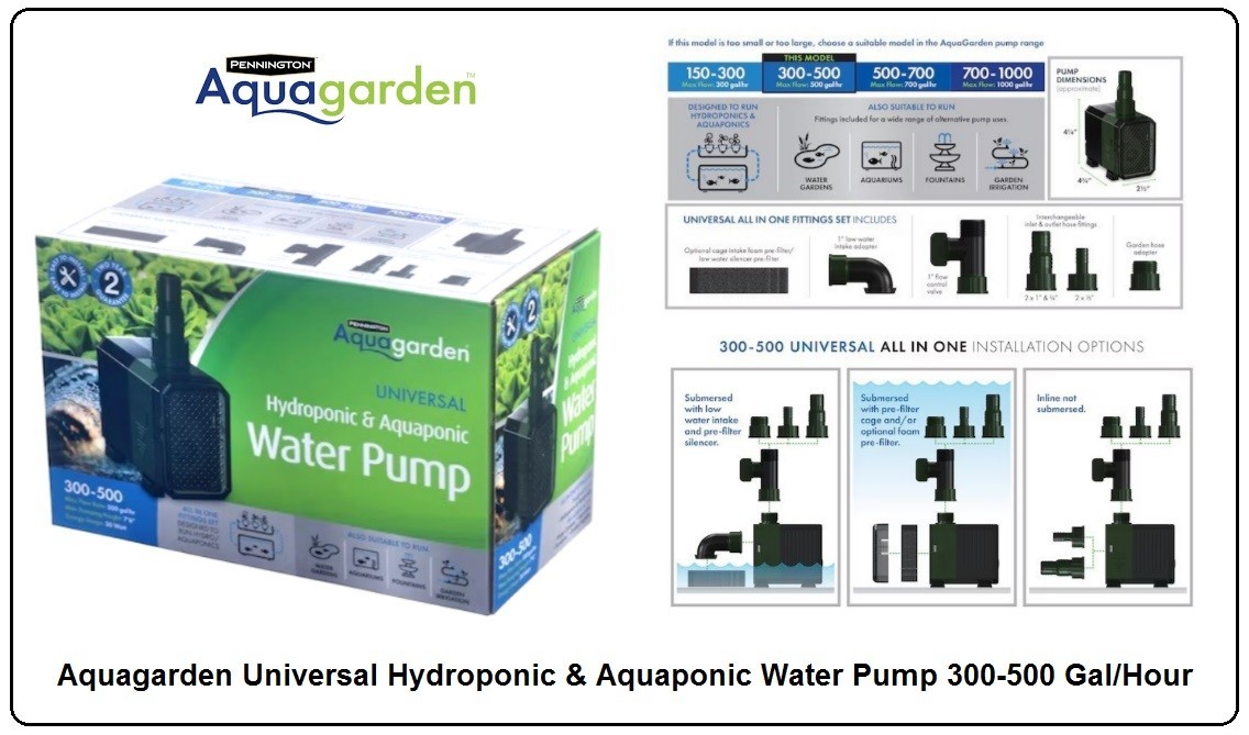 Aquagarden Universal Hydroponic & Aquaponic Water Pump 300-500 Gal/Hour NEW gallery