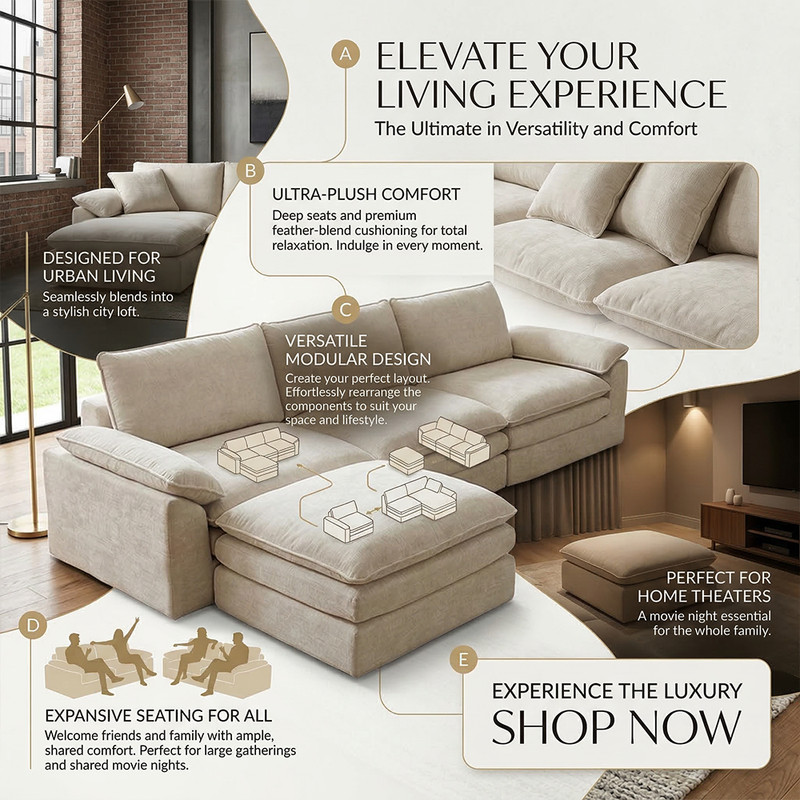 Oversized L-Shaped Boneless Couch, Modular Sectional Sofa Bed W/ Movable Ottoman gallery