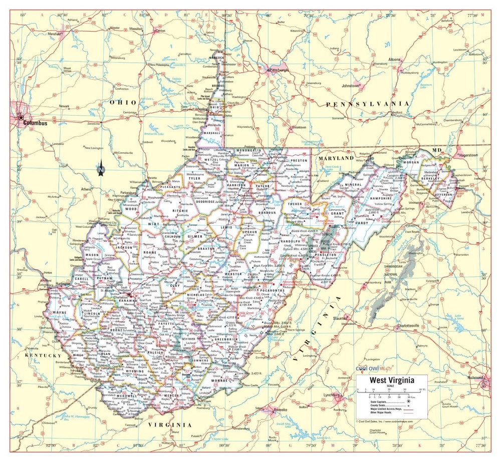 West Virginia State Wall Map Large Print Poster - 26"Wx24"H